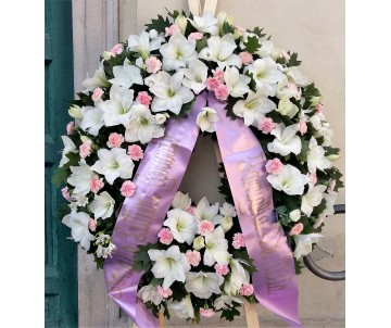 Corona funebre di fiori  bianchi e rosa