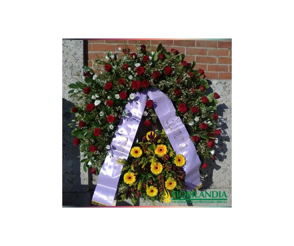 Corona di rose lisianthus bianco e gerbera gialla