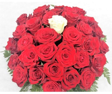 Centrotavola di rose rosse con rosa bianca centrale