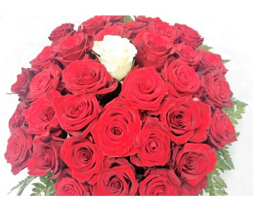 Centrotavola di rose rosse con rosa bianca centrale